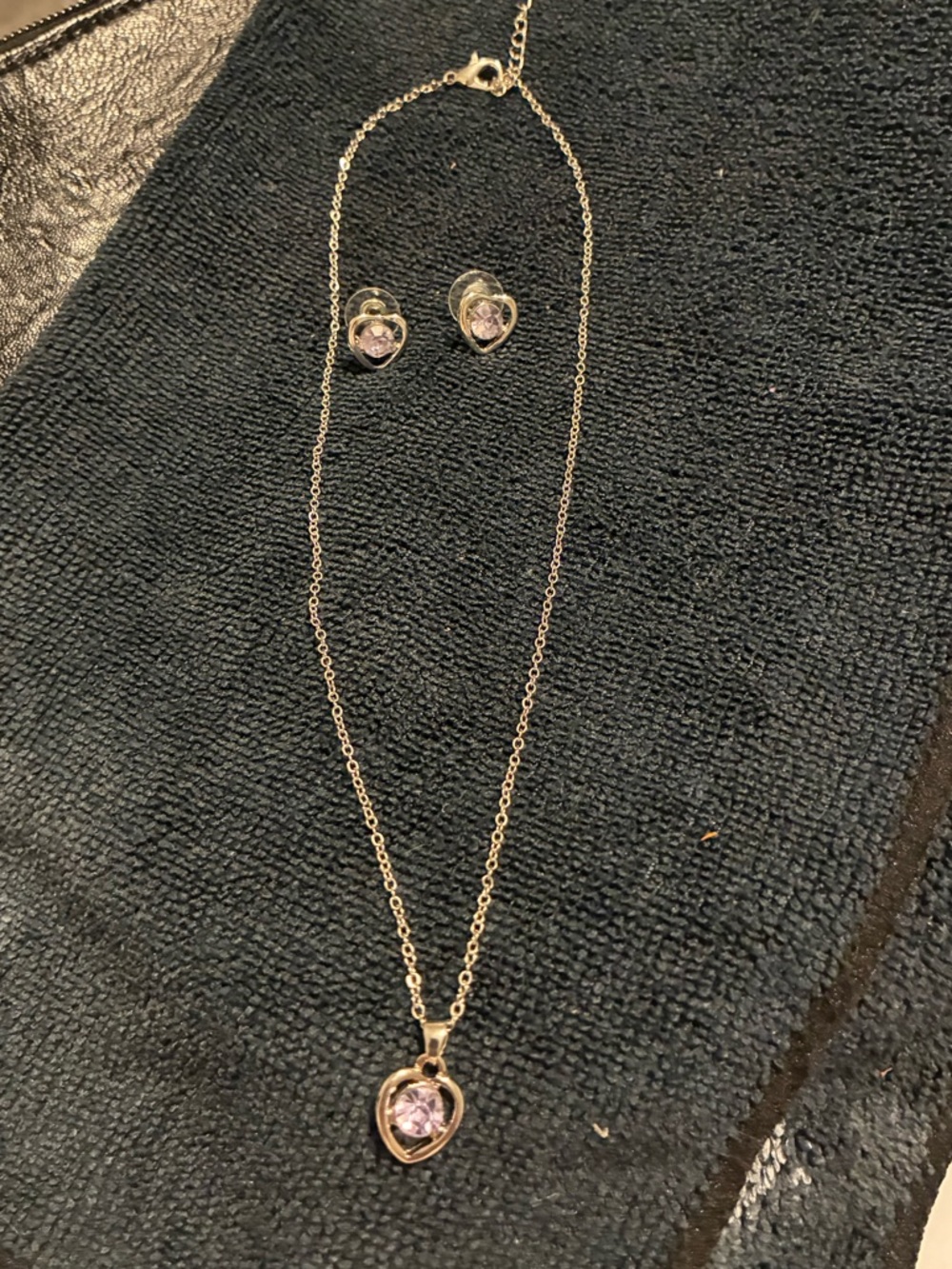 Heart Pendant Necklace and Stud Earrings Set with Light Pink Crystals